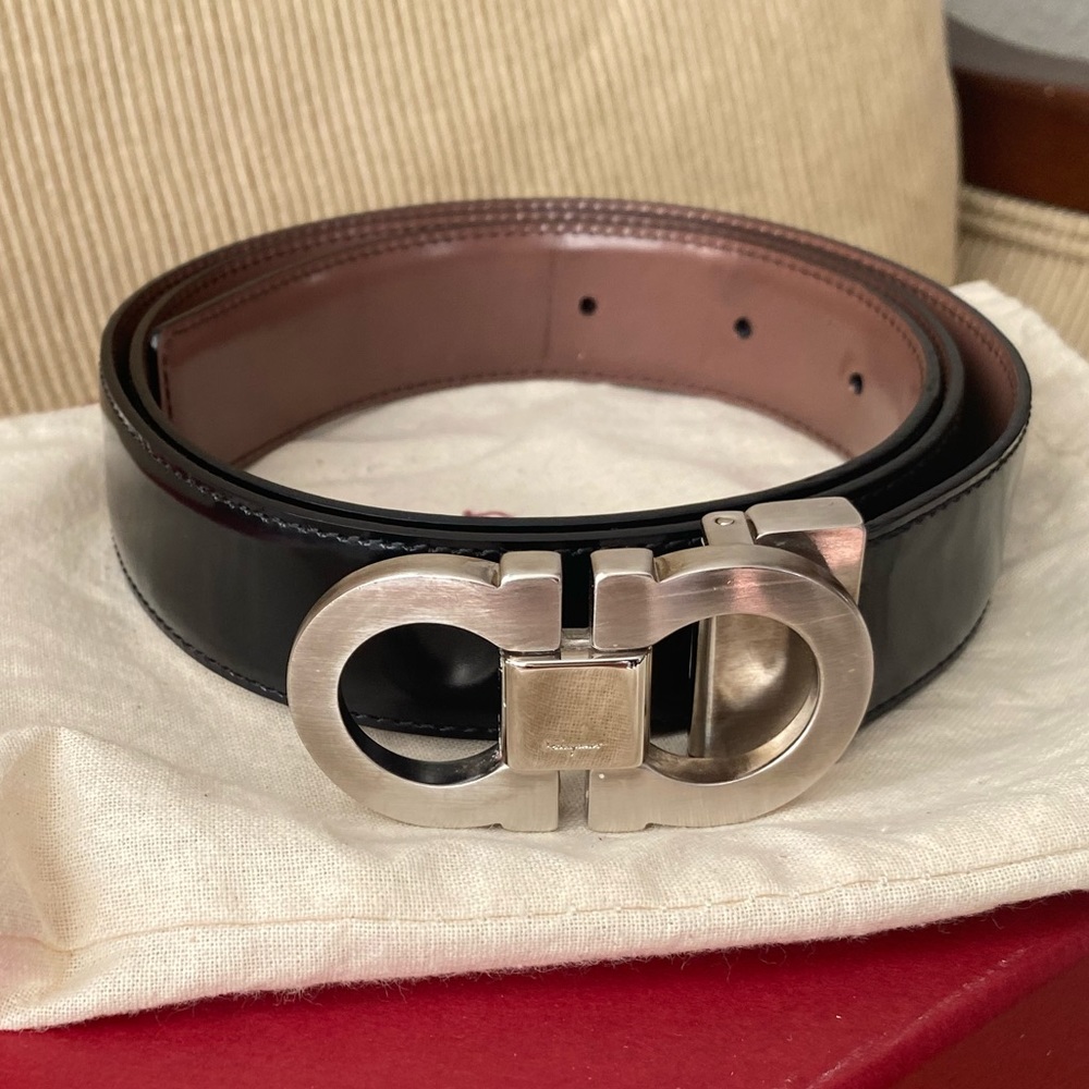 Ferragamo men’s belt with “Gancini” brushed stainless buckle- size 38